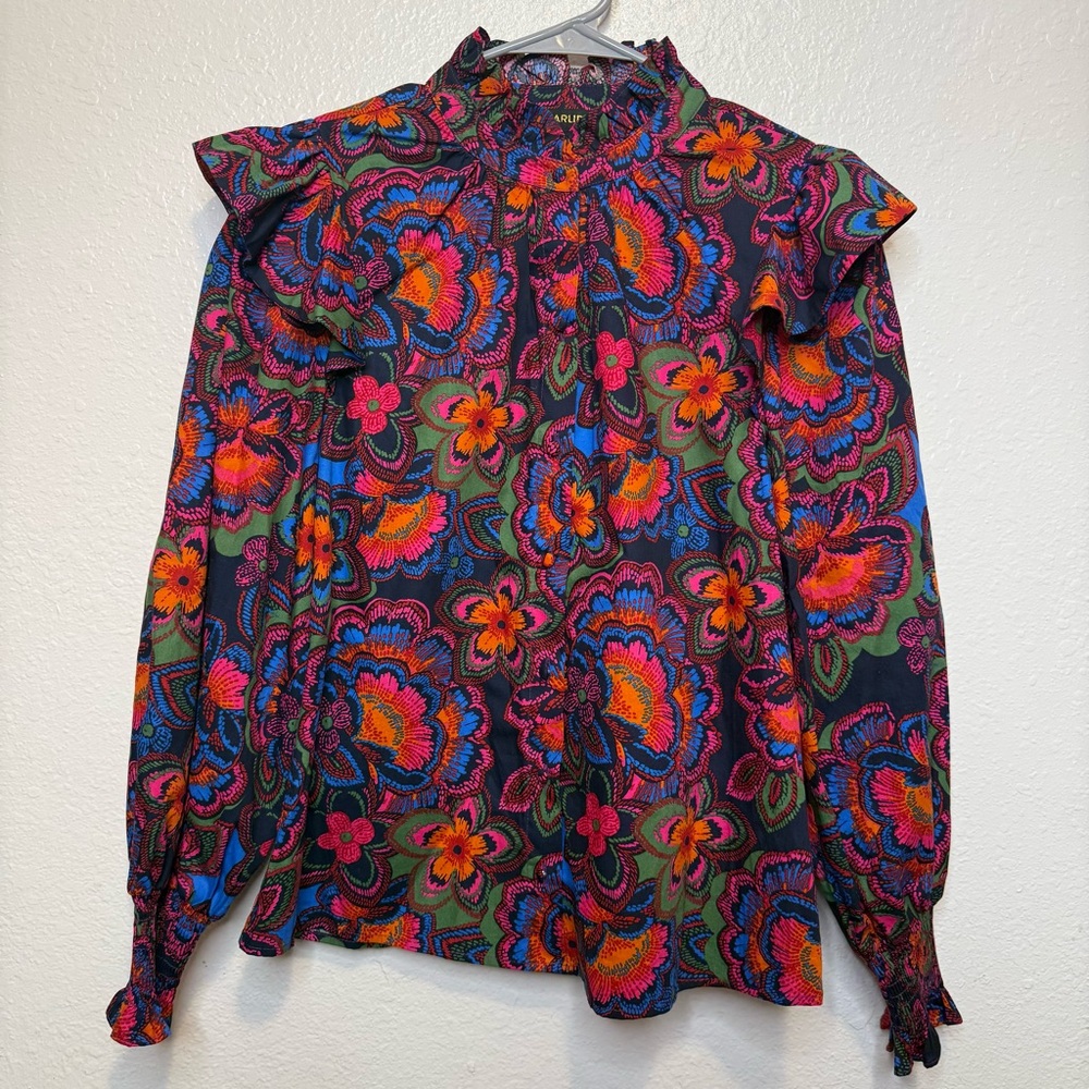 Sugarlips Raveena Midnight Malbec Ruffle Button Front Poplin Blouse Extra Small